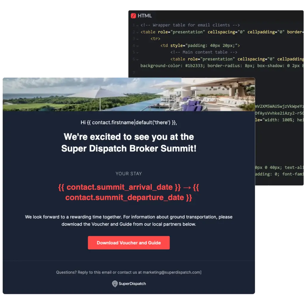 A pair of screenshots showing an email mockup for event guests, and the code we wrote for Super Dispatch to upload to HubSpot