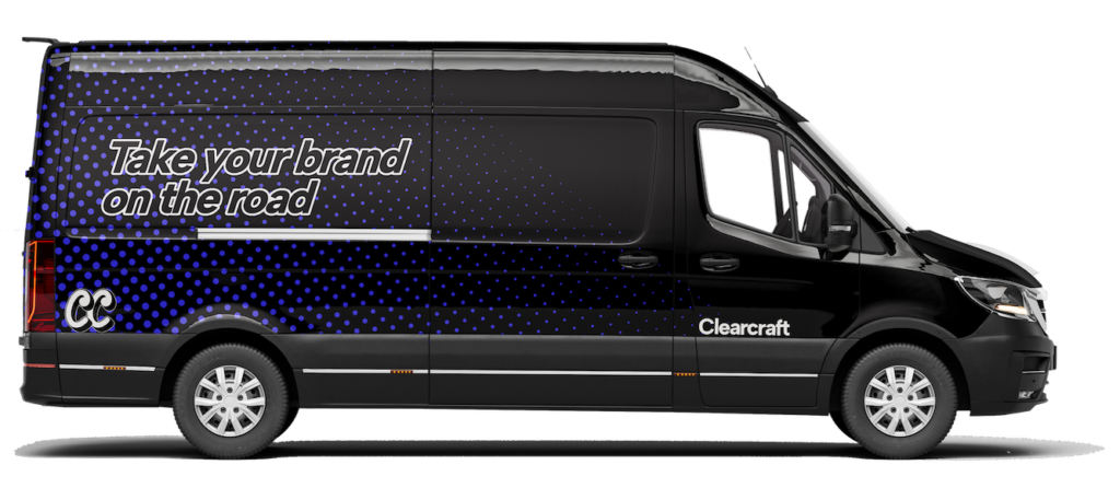 A picture of a cargo van with a custom designed vehicle wrap