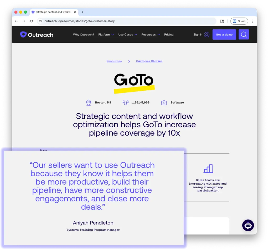 A screenshot of a case study written by the company Outreach. A highlighted quote talks about how the team closes more deals with Outreach.