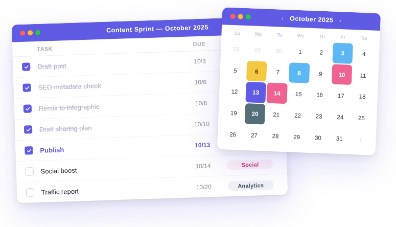 A mockup of a content strategy task list and content planning calendar.