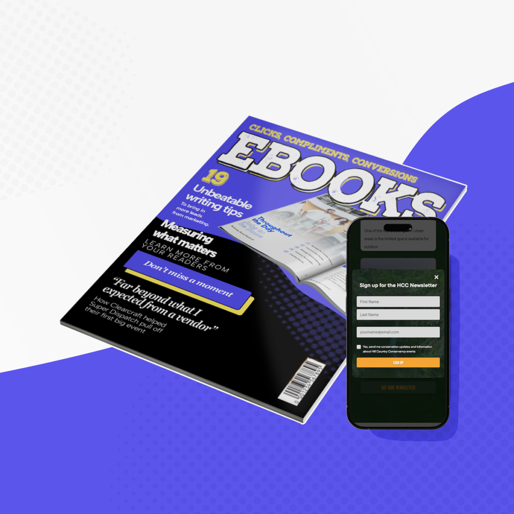 A mockup of a magazine talking about ebook tips, and a phone showing a signup form