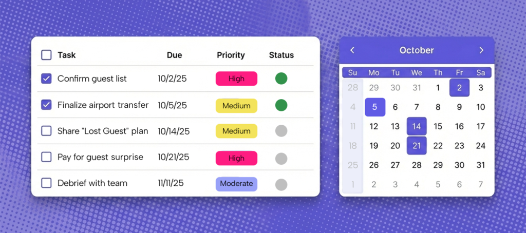 A stylized mockup of a planning task list and calendar, showing items like "finalize guest list," and "pay for guest surprise."